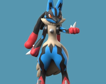 May include: A blue and black Pokemon character with red accents and sharp claws. The character has a spiky mane and a fierce expression.