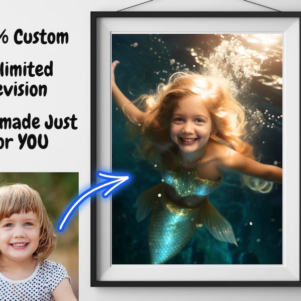 DIGITAL Custom Mermaid Watercolor Portrait Commissions, Nursery Wall Art, Personalized Baby Girl Gift, Watercolor Painting from Photo