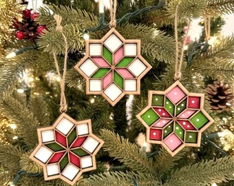 Hand Painted Quilt Block Christmas Ornament | Wooden Quilt Star Ornament | Handmade Christmas Tree Decor | Quilter Gift