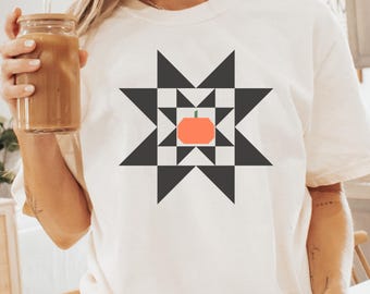 Fall Premium Comfort Colors Brand Pumpkin Quilt T-Shirt for Quilters.  Trendy Pumpkin Shirt, Pumpkin Shirt, The Trendy Quilter Shop