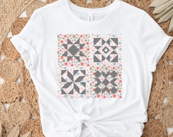 Patchwork Floral Quilt Block T-Shirt - Quiltcore Gift Spring Quilting Tee, Quilt Retreat Clothing, by The Trendy Quilter Shop