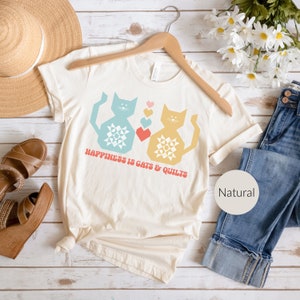 Happiness is Quilts & Cats T-Shirt - Cute Quilting Cat Shirt for Quilters - Quilt Block Cat Lover Gift by The Trendy Quilter Shop
