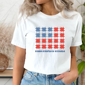 Quilt Shirt, Patriotic Quilt T-Shirt, Red White  Blue, Quilt Block Summer Quilt Tee, American Quilter, Stars Stripes & Stitches.