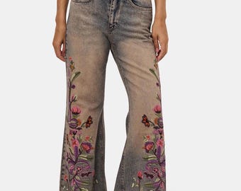 Floral Embroidered Flare Jeans – Women’s High Waist Boho Bell Bottom Denim Pants