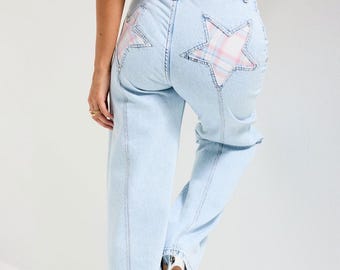 Light Wash Star Patch Straight Leg Jeans, High Waist Y2K Denim Pants