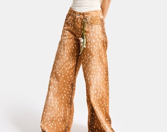 Boho Deer Print Wide Leg Pants, High Waist Flowy Trousers, Festival Outfit