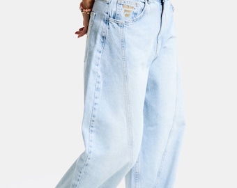 Light Wash Balloon Fit Jeans, 100% Cotton High Waist Denim Pants