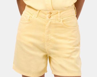 Short mom jaune pastel taille haute, denim 100 % coton, style décontracté estival