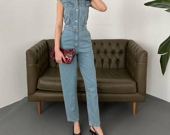 Light Wash Denim Flare Jumpsuit, High Waist Wide Leg One Piece, Retro 70s Style