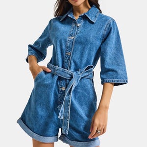 Belted Denim Romper Women Button Front Short Sleeve Summer Playsuit 100% Cotton