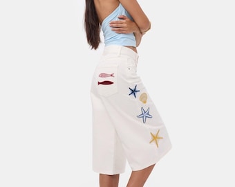 Bestickte Maxi Bermuda Denim Shorts – Weiße Lange Baumwoll Shorts für Frauen