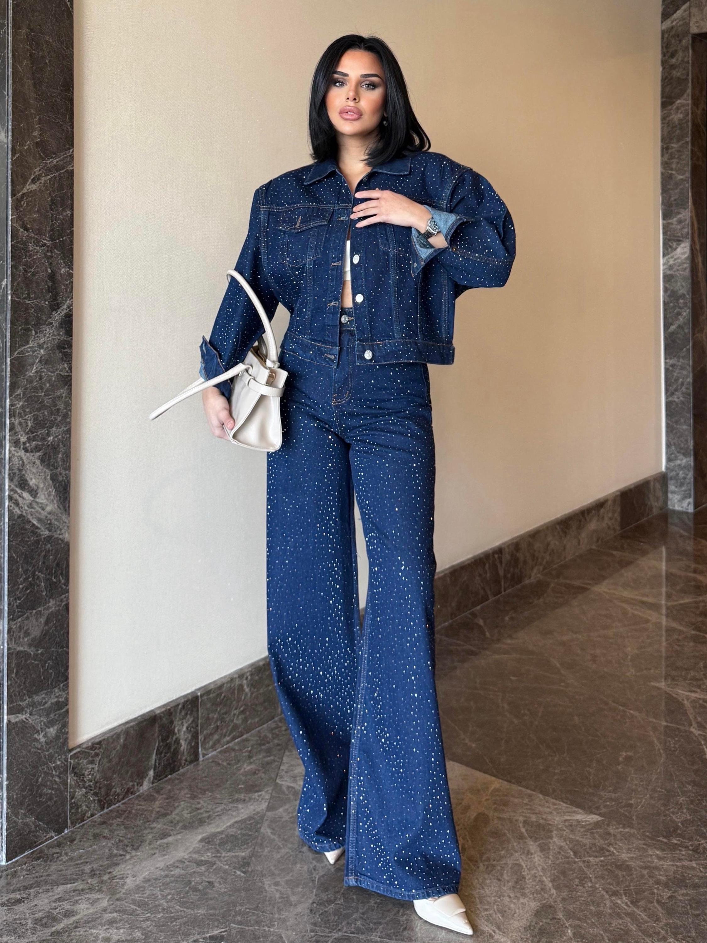 sequin dress denim jacket Sparkling Two Piece Set – Rhinestone Jacket, Wide Leg Jeans – Statement Outfit The Perfect Lilac Coat Size:16 * Bolero Blue denim 100% cotton Care Instructions