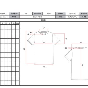 TechPack Layout Template of T-shirt