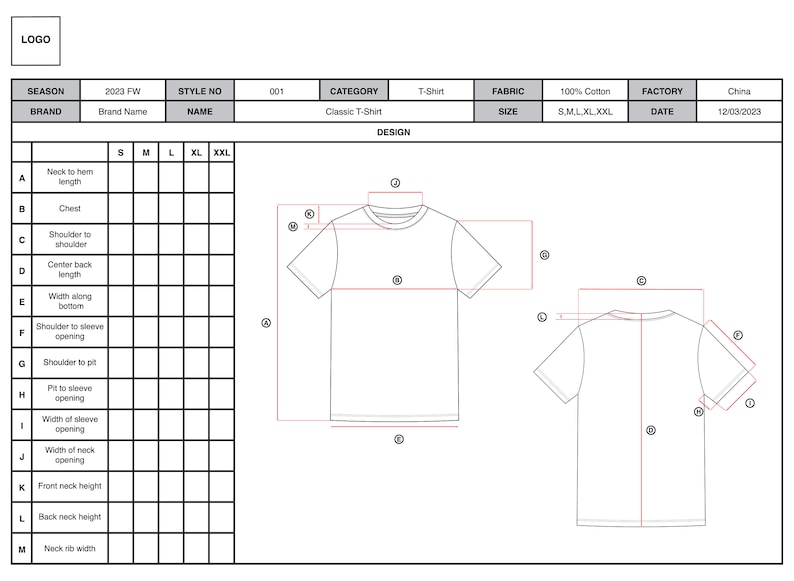 Techpack Layout Template of T-shirt - Etsy