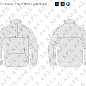 May include: A line drawing of a fleece pullover sweater mock-up template. The sweater has a mock neck, a button placket, and a kangaroo pocket. The sweater is shown in both front and back views.