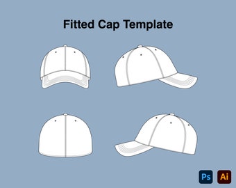 Fitted Cap Hat Tech Pack Mock-Up Vector, Front, Back and side View