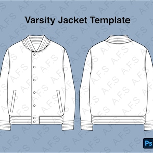 May include: A black and white line drawing template of a varsity jacket with a zipper closure, two pockets, and a ribbed collar, cuffs, and waistband.