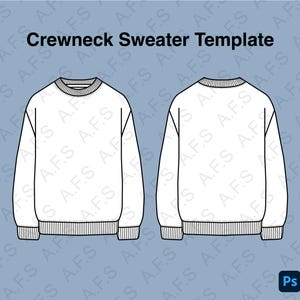 May include: A black and white line drawing template of a crewneck sweater. The template shows the front and back views of the sweater.