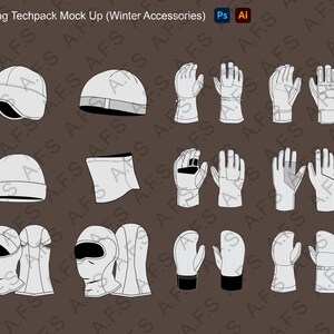 May include: A set of winter accessories including hats, neck gaiters, gloves, and mittens. The accessories are all white and are shown on a brown background.