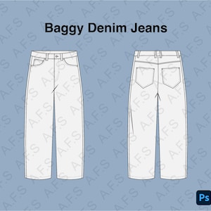 Può includere: Un disegno tecnico di un paio di jeans baggy in denim. Il disegno mostra le viste anteriore e posteriore dei jeans.