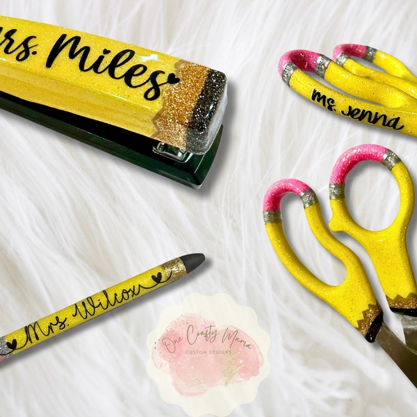 Epoxy Glitter Stapler, Pen & Scissors Set | Pencil Design | Teacher Appreciation Gift | Glitter Pencil Pen | Glitter Pencil Stapler