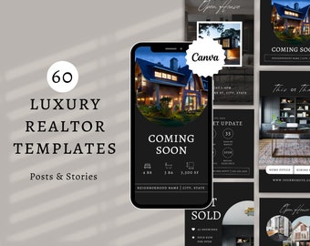 Luxury Real Estate Instagram Templates: 60 Canva Posts & Stories (Digital Download)