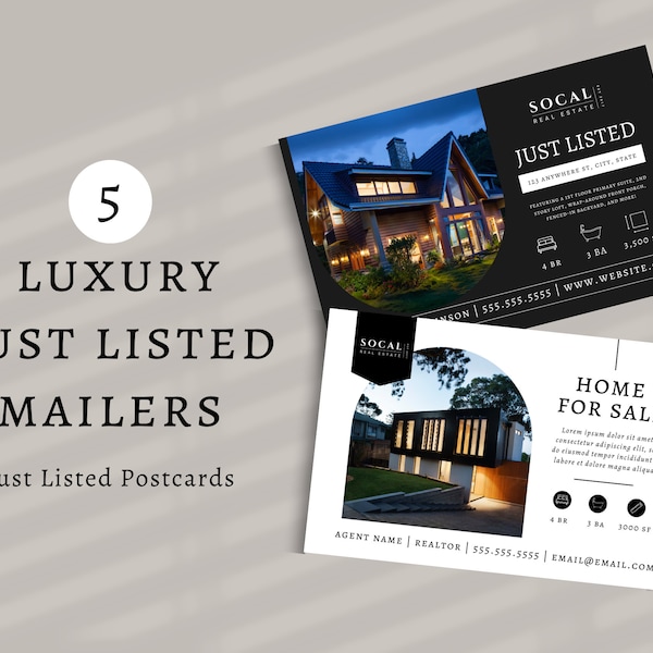 5 Luxury Just Listed Postcard Templates for Canva | Real Estate Templates | Luxury Realtor Canva Templates | Just Listed Direct Mailers