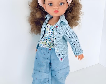 Conjunto hecho a mano para muñeca Paola Reina: Jeans cargo holgados, top y cárdigan