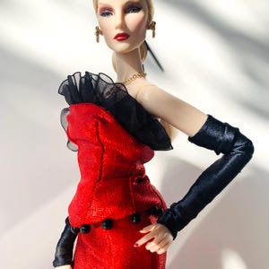 Handmade evening outfit  (bustier and matching long skirt) for 12” Fashion Royalty and Nu Face type dolls.