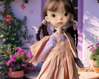 May include: A detailed doll with brown hair in pigtails, wearing a peach-colored dress with a plaid pattern and a matching jacket. The doll has rosy cheeks and is standing in front of a pink door with flowers and plants in the background. The text "DOLLSEVITA" is visible.