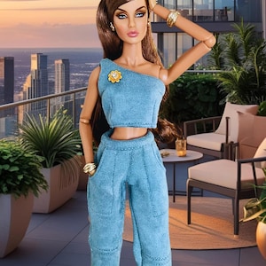 Conjunto de moda hecho a mano (pantalones cargo de terciopelo con top con hombros descubiertos a juego) para muñecas de 12&quot; tipo Fashion Royalty, Nu Face y Barbie