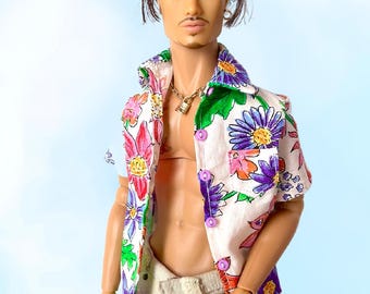 Handmade Summer Doll Outfit: Floral Shirt & Denim Shorts for 13" Monarch Doll