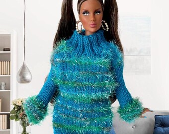 Handknitted long sweater/dress with stockings for 12” FR2, Nu Face, Barbie type dolls.