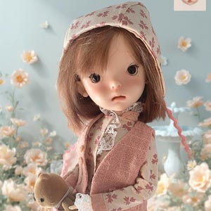 May include: A doll with brown hair and large eyes, wearing a pink floral print outfit and matching bonnet. The doll is holding a small stuffed animal. The background features a light blue wall with floral decorations and the text "DOLLSEVITA".