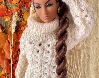 Handknitted cropped sweater for 12” Fashion Royalty, Nu Face, Barbie type dolls.