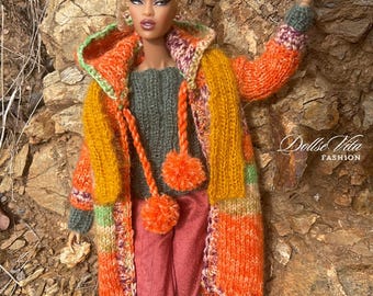 Handknitted hooded coat for 12” Fashion Royalty, Nu Face, Barbie type dolls.