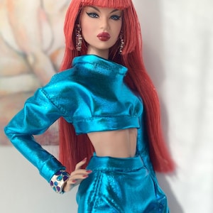 Conjunto de moda hecho a mano (blusa y pantalón ajustado) para muñecas de 12” tipo Fashion Royalty, Nu Face y Barbie