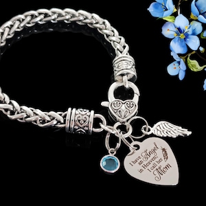 Loss of Mom Gift, Mom Memorial Bracelet: Angel Wing, Birthstone, Engraved Heart