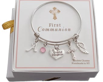 First Communion Bracelet: Granddaughter Keepsake, Cross, Angel Wing, Birthstone