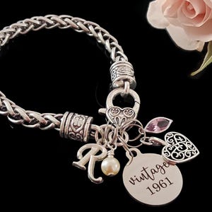 65th Birthday Gift for Her, Personalized 65th Bracelet: birthstone, initial and vintage year