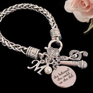 Singer Gift, Singer Bracelet: Microphone Charm, Initial, Pearl, Inspirational Jewelry