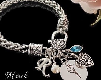 Birth Flower Gift, March Birth Flower Bracelet: Daffodil, Aquamarine, Initial Charm