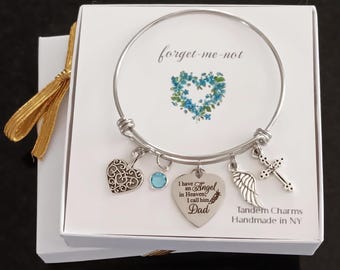 Dad Memorial Bracelet: Angel Wing Charm, Birthstone Bangle