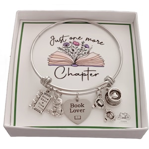 Book Lover Charm Bracelet: Stainless Steel Adjustable Bangle, Books Gift for Her, Book Jewelry