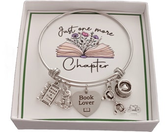 Book Lover Charm Bracelet: Stainless Steel Adjustable Bangle, Books Gift for Her, Book Jewelry