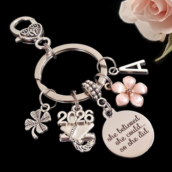 Personalized Graduation Keychain: Initial, Flower, Year, Grad Hat Charm