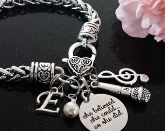 Singer Gift, Singer Bracelet: Microphone Charm, Initial, Pearl, Inspirational Jewelry
