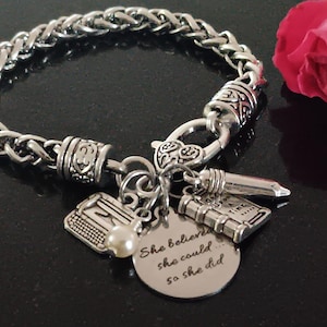 Writer Bracelet: Silver Charm Bracelet with Typewriter, Book & Pearl