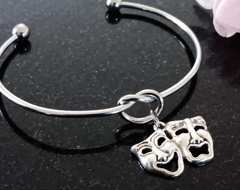 Comedy Tragedy Mask Bracelet: Adjustable Stainless Steel Theatre Gift