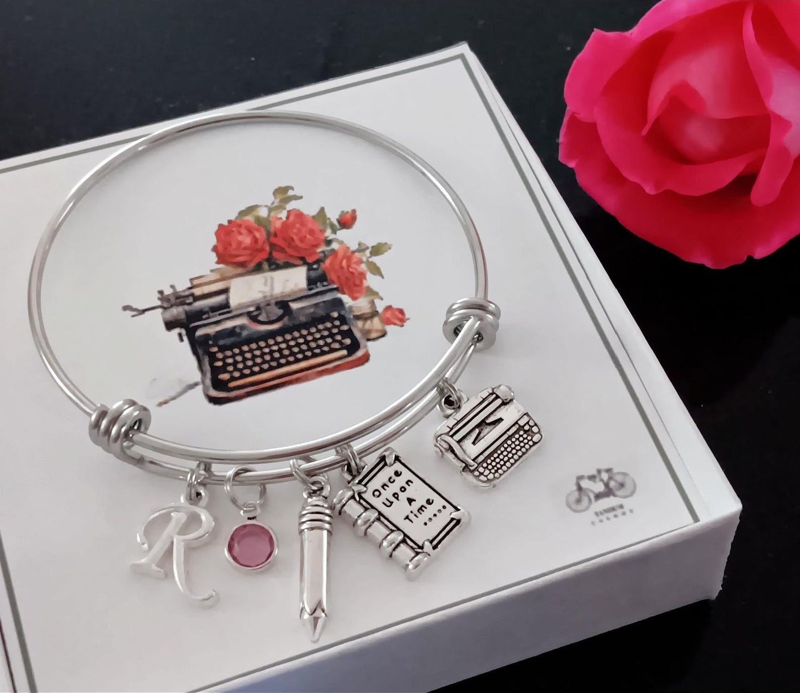 Writer Charm Bracelet: Personalized Initial, Book, Typewriter, Pencil